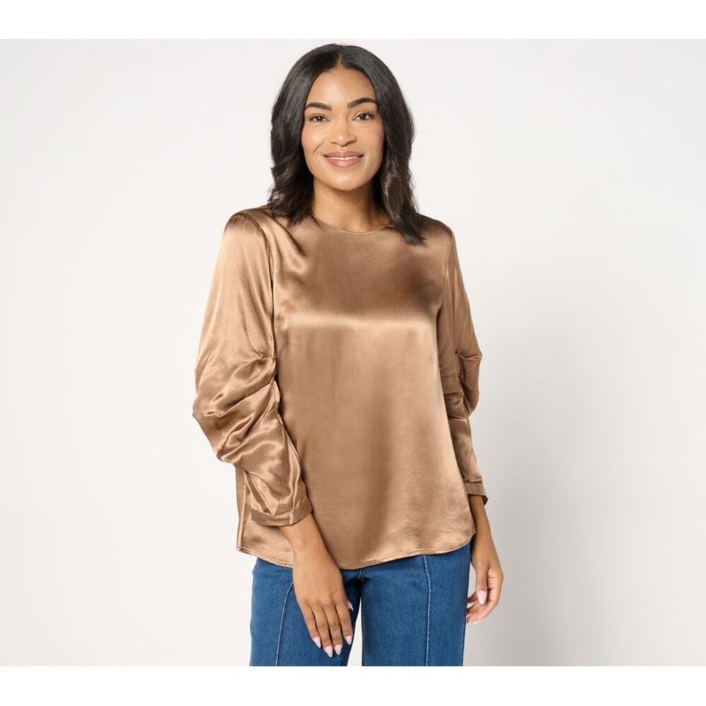 Me by Jennie Garth Women's Top Sz XL Sterling Satin Blouse w Sleeve Brown